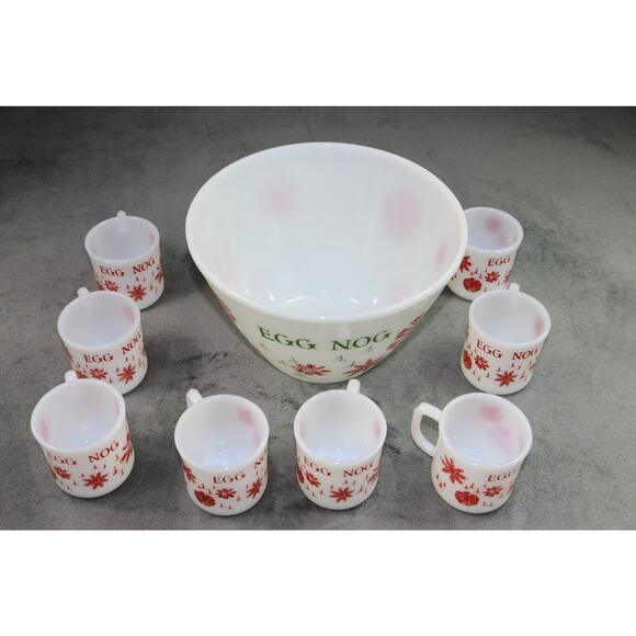 Vintage Fire King Snowflake Egg Nog Bowl and 8 Cups Anchor Hocking - Picture 11 of 12
